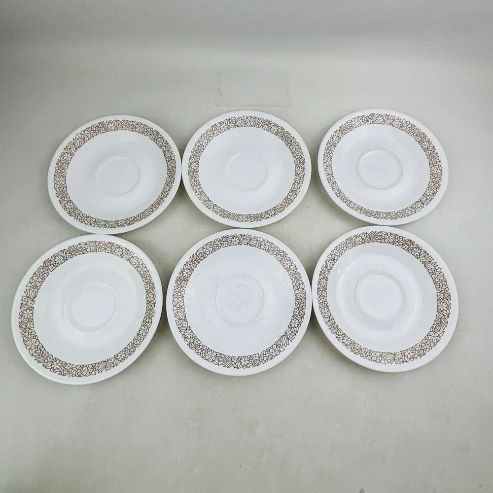 Corelle Woodland Brown 6 Flat Cup & Saucer Set Hook Handle Floral White Vintage‎